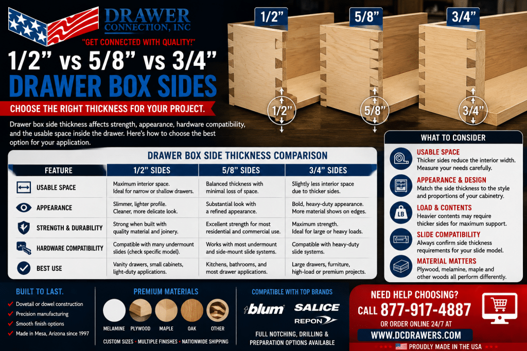 Choose drawer side thickness by usable space, appearance, hardware compatibility, material, and project requirements carefully.